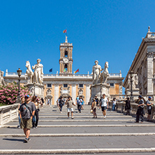 ROME, ITALY - JUNE 23, 2017: Statue and Flowers in front of Capitoline Museums in city of Rome, Italy