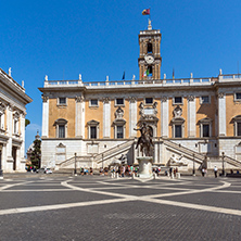 ROME, ITALY - JUNE 23, 2017: Statue and Flowers in front of Capitoline Museums in city of Rome, Italy