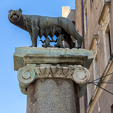 ROME, ITALY - JUNE 23, 2017: Statue of Wolf with Romulus and Remus on Capitoline hill in city of Rome, Italy