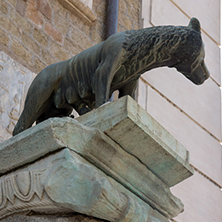 ROME, ITALY - JUNE 23, 2017: Statue of Wolf with Romulus and Remus on Capitoline hill in city of Rome, Italy