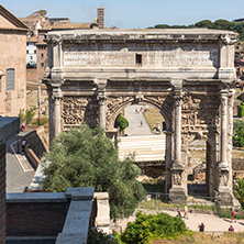 ROME, ITALY - JUNE 23, 2017: Ruins of Septimius Severus Arch and Roman Forum in city of Rome, Italy