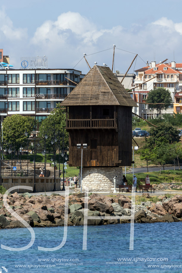 NESSEBAR, BULGARIA - 30 JULY 2014: Old Wooden windmill and panorama to town of Nessebar, Burgas Region, Bulgaria