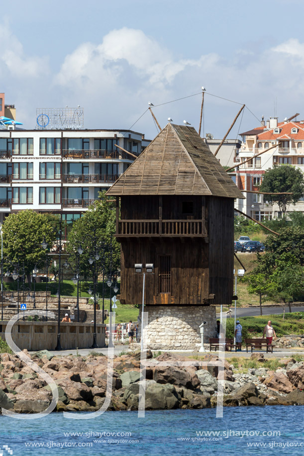 NESSEBAR, BULGARIA - 30 JULY 2014: Old Wooden windmill and panorama to town of Nessebar, Burgas Region, Bulgaria