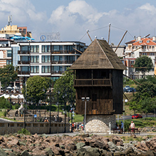 NESSEBAR, BULGARIA - 30 JULY 2014: Old Wooden windmill and panorama to town of Nessebar, Burgas Region, Bulgaria