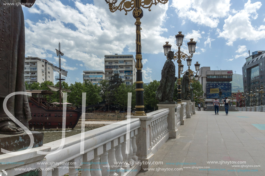 SKOPJE, REPUBLIC OF MACEDONIA - 13 MAY 2017: The Bridge of Civilizations in center of City of Skopje, Republic of Macedonia