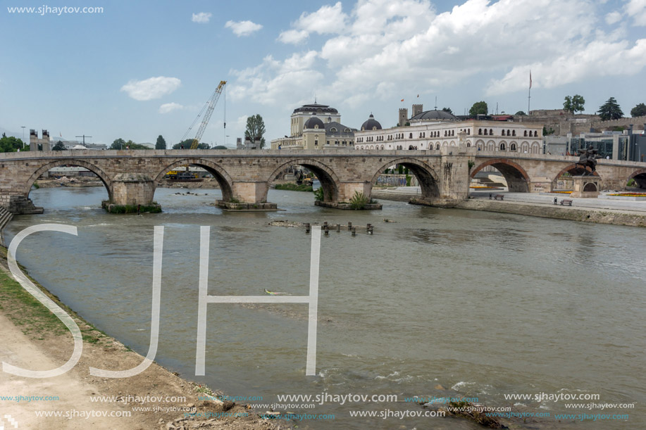 SKOPJE, REPUBLIC OF MACEDONIA - 13 MAY 2017: Skopje City Center, Old Stone Bridge and Vardar River, Republic of Macedonia