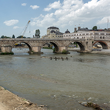 SKOPJE, REPUBLIC OF MACEDONIA - 13 MAY 2017: Skopje City Center, Old Stone Bridge and Vardar River, Republic of Macedonia