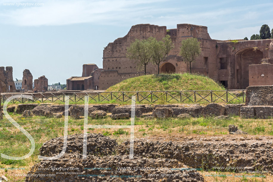 ROME, ITALY - JUNE 24, 2017: Panoramic view of ruins in Palatine Hill in city of Rome, Italy