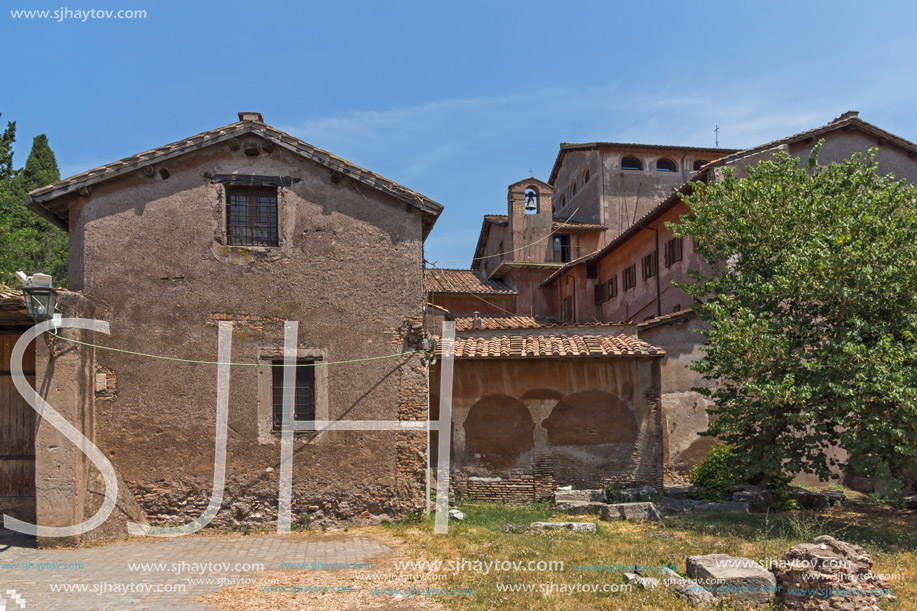 ROME, ITALY - JUNE 24, 2017: Panoramic view of ruins in Palatine Hill in city of Rome, Italy