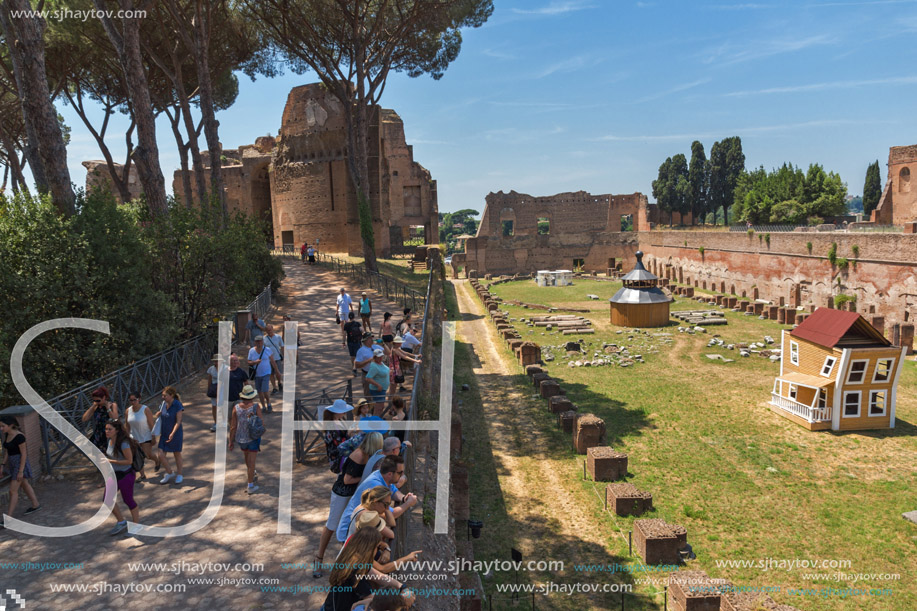 ROME, ITALY - JUNE 24, 2017: Panoramic view of ruins in Palatine Hill in city of Rome, Italy