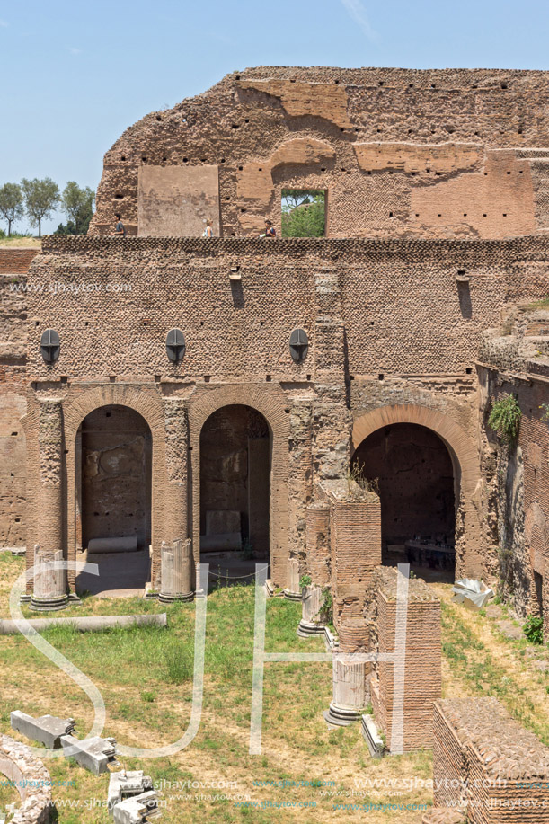 ROME, ITALY - JUNE 24, 2017: Panoramic view of ruins in Palatine Hill in city of Rome, Italy