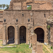 ROME, ITALY - JUNE 24, 2017: Panoramic view of ruins in Palatine Hill in city of Rome, Italy
