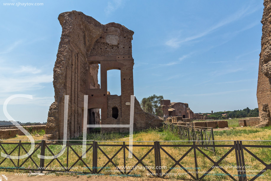ROME, ITALY - JUNE 24, 2017: Panoramic view of ruins in Palatine Hill in city of Rome, Italy