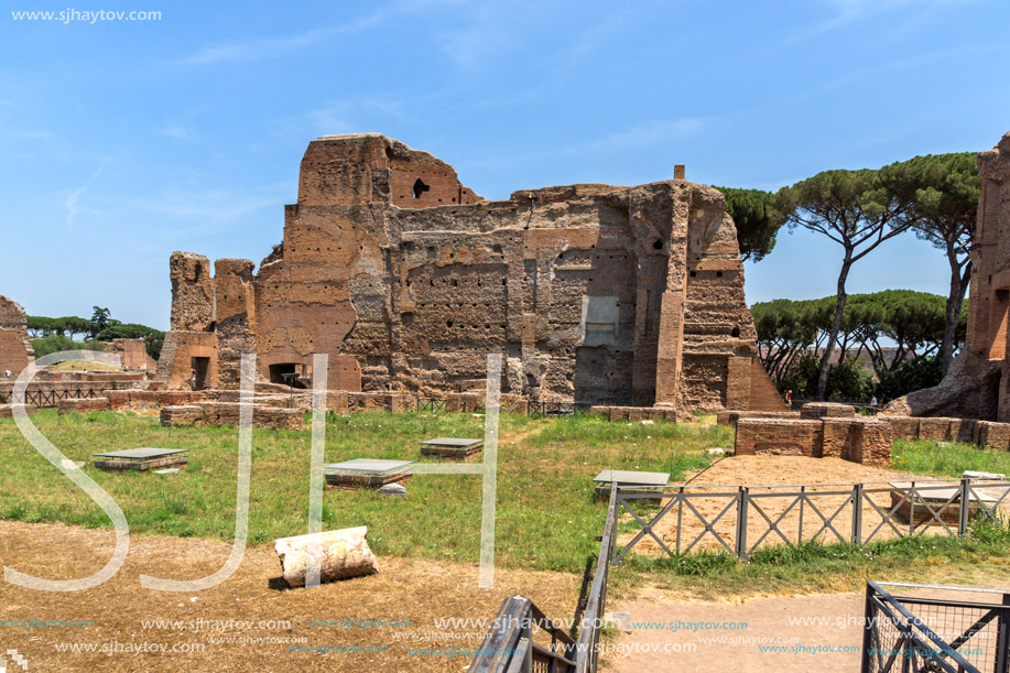 ROME, ITALY - JUNE 24, 2017: Panoramic view of ruins in Palatine Hill in city of Rome, Italy