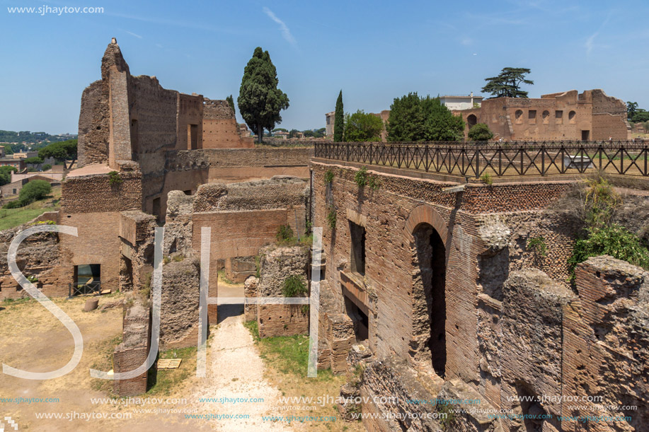 ROME, ITALY - JUNE 24, 2017: Panoramic view of ruins in Palatine Hill in city of Rome, Italy