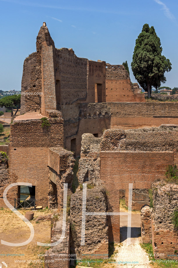 ROME, ITALY - JUNE 24, 2017: Panoramic view of ruins in Palatine Hill in city of Rome, Italy