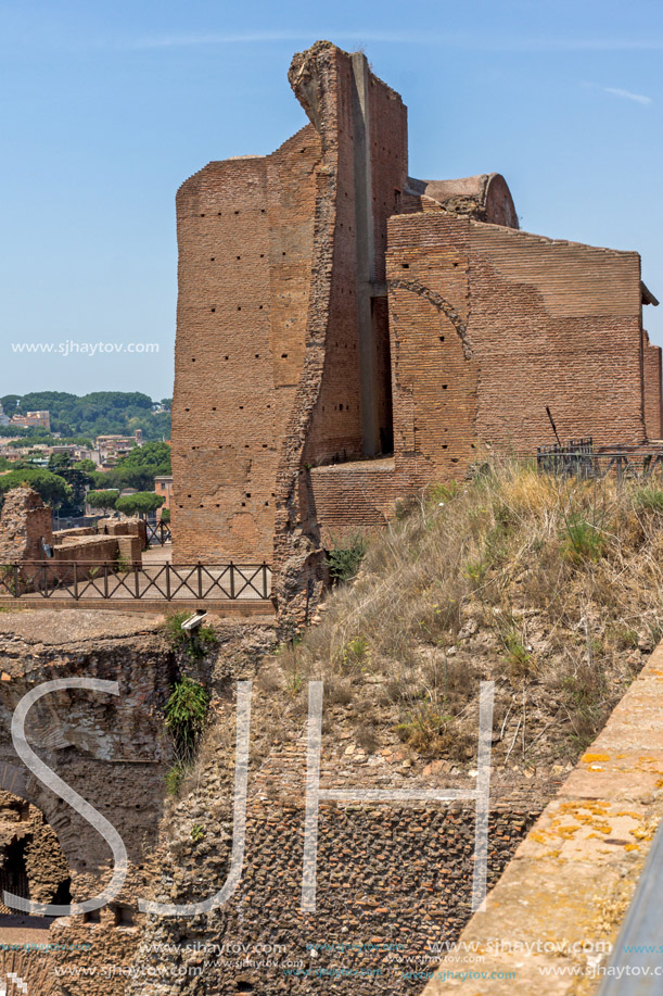 ROME, ITALY - JUNE 24, 2017: Panoramic view of ruins in Palatine Hill in city of Rome, Italy