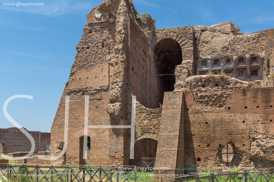 ROME, ITALY - JUNE 24, 2017: Panoramic view of ruins in Palatine Hill in city of Rome, Italy