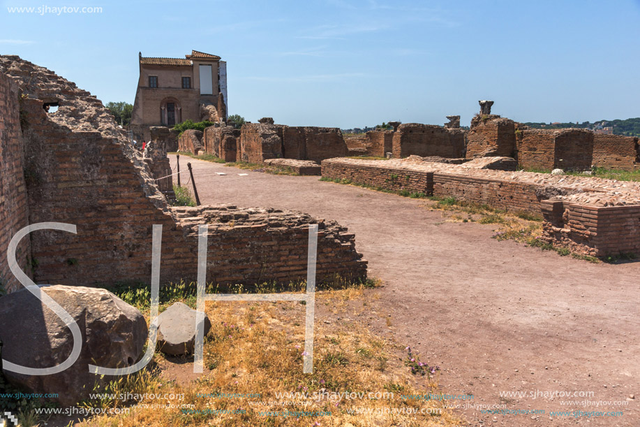 ROME, ITALY - JUNE 24, 2017: Panoramic view of ruins in Palatine Hill in city of Rome, Italy