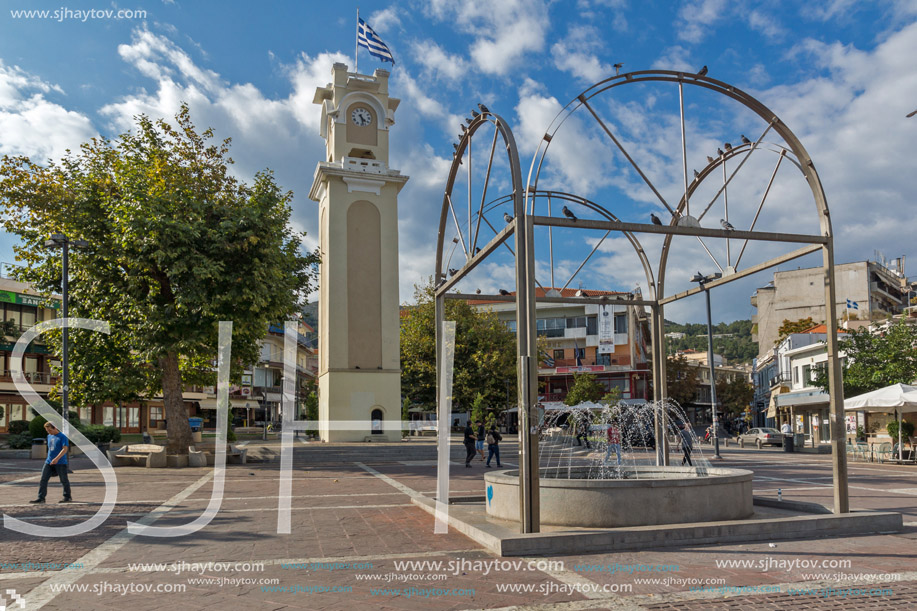XANTHI, GREECE - SEPTEMBER 23, 2017: Clock tower in old town of Xanthi, East Macedonia and Thrace, Greece