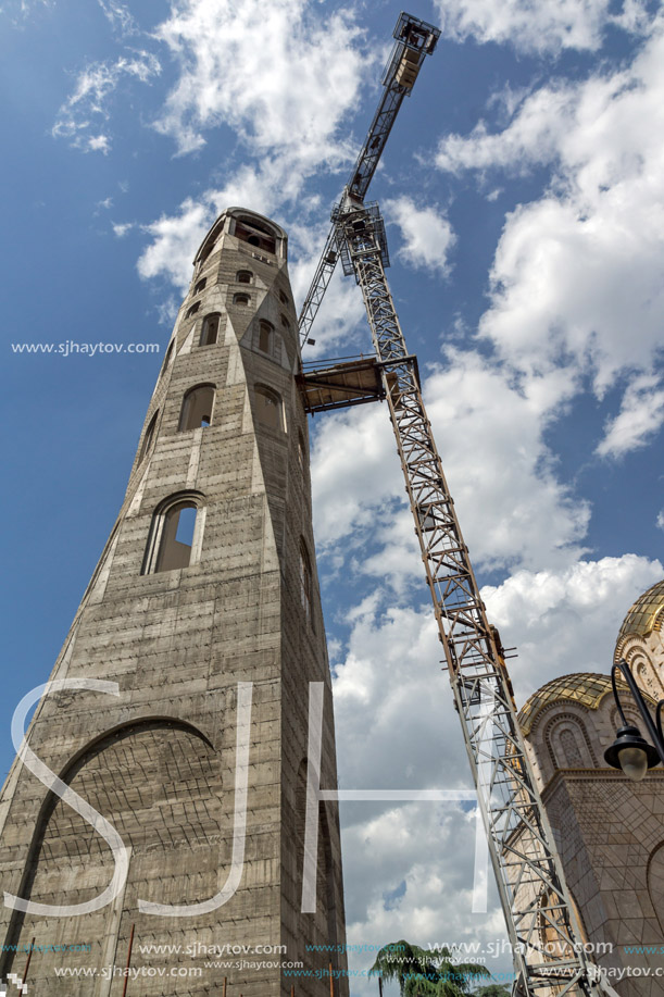 SKOPJE, REPUBLIC OF MACEDONIA - 13 MAY 2017:  Bell tower of St. Constantine and Elena Church in city of Skopje, Republic of Macedonia