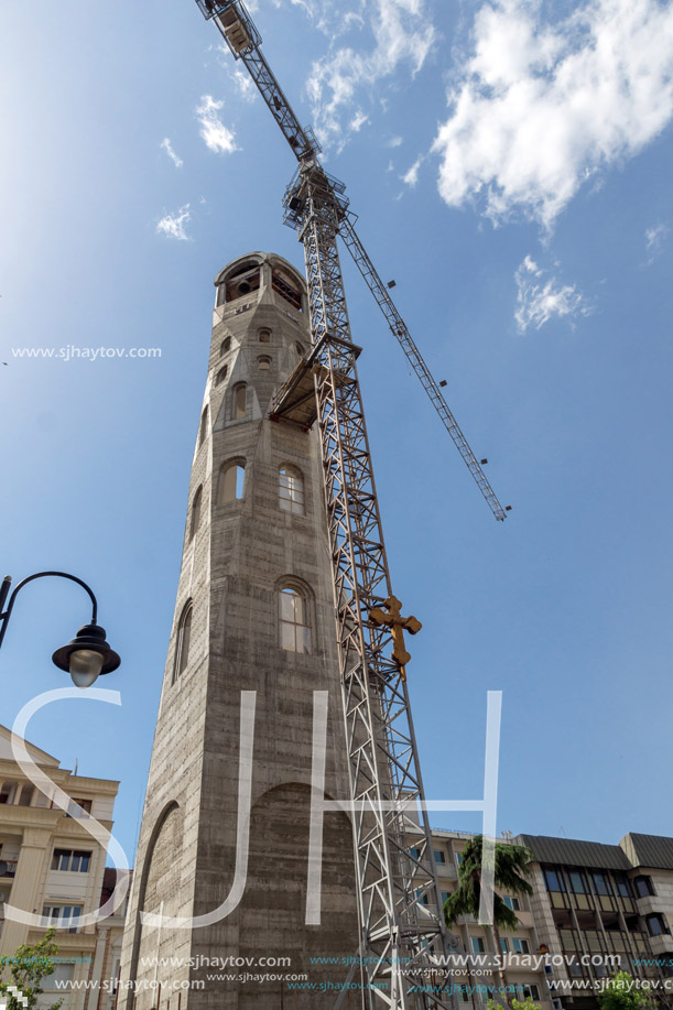 SKOPJE, REPUBLIC OF MACEDONIA - 13 MAY 2017:  Bell tower of St. Constantine and Elena Church in city of Skopje, Republic of Macedonia