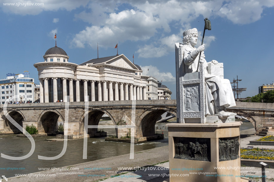 SKOPJE, REPUBLIC OF MACEDONIA - 13 MAY 2017:  Statue of the Byzantine Emperor Justinian I and Archaeological Museum, Republic of Macedonia