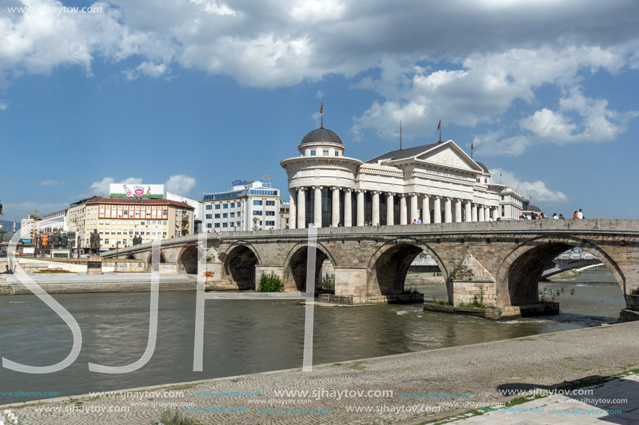 SKOPJE, REPUBLIC OF MACEDONIA - 13 MAY 2017: Skopje City Center and Archaeological Museum and Old Stone Bridge, Republic of Macedonia
