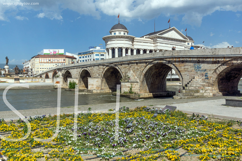 SKOPJE, REPUBLIC OF MACEDONIA - 13 MAY 2017: Skopje City Center and Archaeological Museum and Old Stone Bridge, Republic of Macedonia