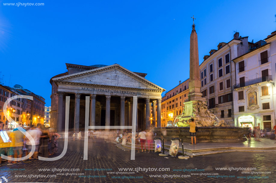 ROME, ITALY - JUNE 23, 2017: Amazing Night view of Pantheon and Piazza della Rotonda in city of Rome, Italy