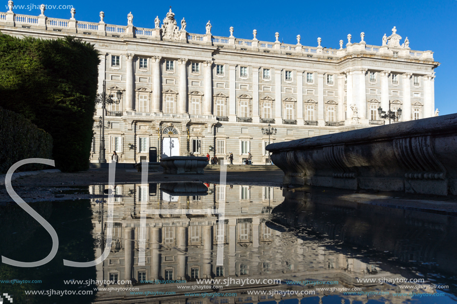 MADRID, SPAIN - JANUARY 22, 2018:  Beautiful view of the facade of the Royal Palace of Madrid, Spain