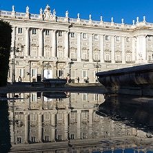MADRID, SPAIN - JANUARY 22, 2018:  Beautiful view of the facade of the Royal Palace of Madrid, Spain
