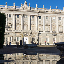 MADRID, SPAIN - JANUARY 22, 2018:  Beautiful view of the facade of the Royal Palace of Madrid, Spain