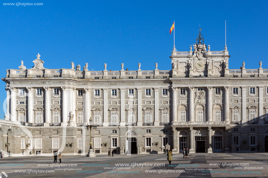 MADRID, SPAIN - JANUARY 22, 2018:  Beautiful view of the facade of the Royal Palace of Madrid, Spain