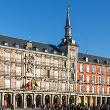 MADRID, SPAIN - JANUARY 22, 2018:  Plaza Mayor with statue of King Philips III in Madrid, Spain