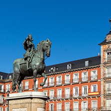 MADRID, SPAIN - JANUARY 22, 2018:  Plaza Mayor with statue of King Philips III in Madrid, Spain