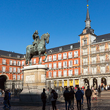MADRID, SPAIN - JANUARY 22, 2018:  Plaza Mayor with statue of King Philips III in Madrid, Spain