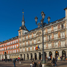 MADRID, SPAIN - JANUARY 22, 2018:  Plaza Mayor with statue of King Philips III in Madrid, Spain