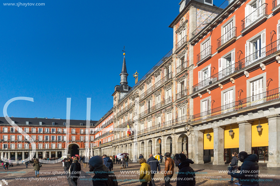 MADRID, SPAIN - JANUARY 22, 2018:  Plaza Mayor with statue of King Philips III in Madrid, Spain
