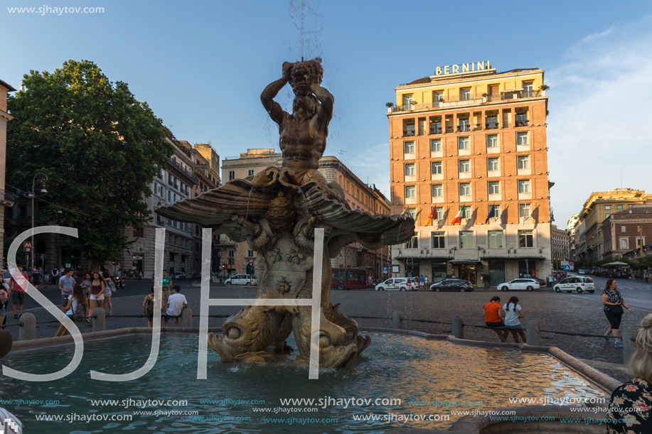ROME, ITALY - JUNE 24, 2017: Sunset view of Triton Fountain at Piazza Barberini in Rome, Italy