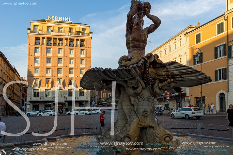 ROME, ITALY - JUNE 24, 2017: Sunset view of Triton Fountain at Piazza Barberini in Rome, Italy