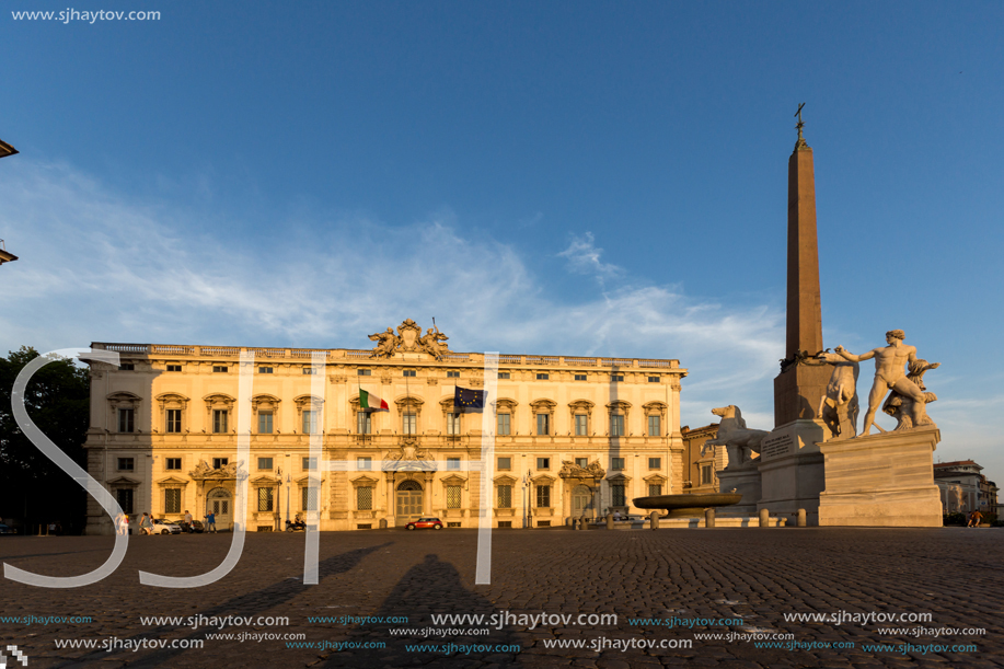 ROME, ITALY - JUNE 24, 2017: Sunset view of Obelisk and Palazzo della Consulta at Piazza del Quirinale in Rome, Italy