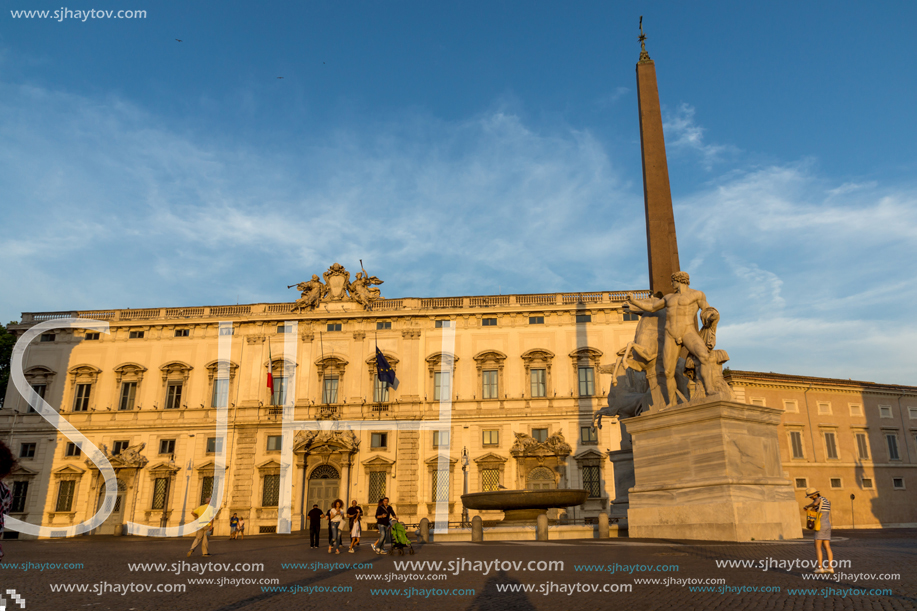 ROME, ITALY - JUNE 24, 2017: Sunset view of Obelisk and Palazzo della Consulta at Piazza del Quirinale in Rome, Italy