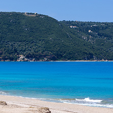 Panoramic view of Girapetra Beach with blue waters, Lefkada, Ionian Islands, Greece