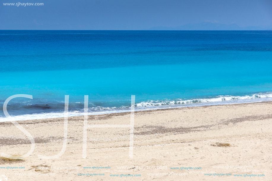 Panoramic view of Girapetra Beach with blue waters, Lefkada, Ionian Islands, Greece