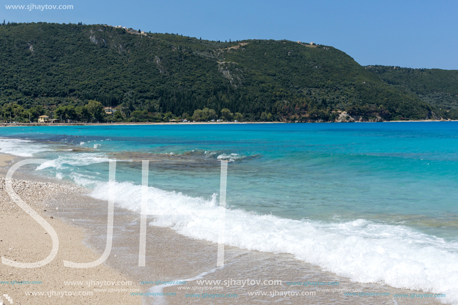 Panoramic view of Girapetra Beach with blue waters, Lefkada, Ionian Islands, Greece