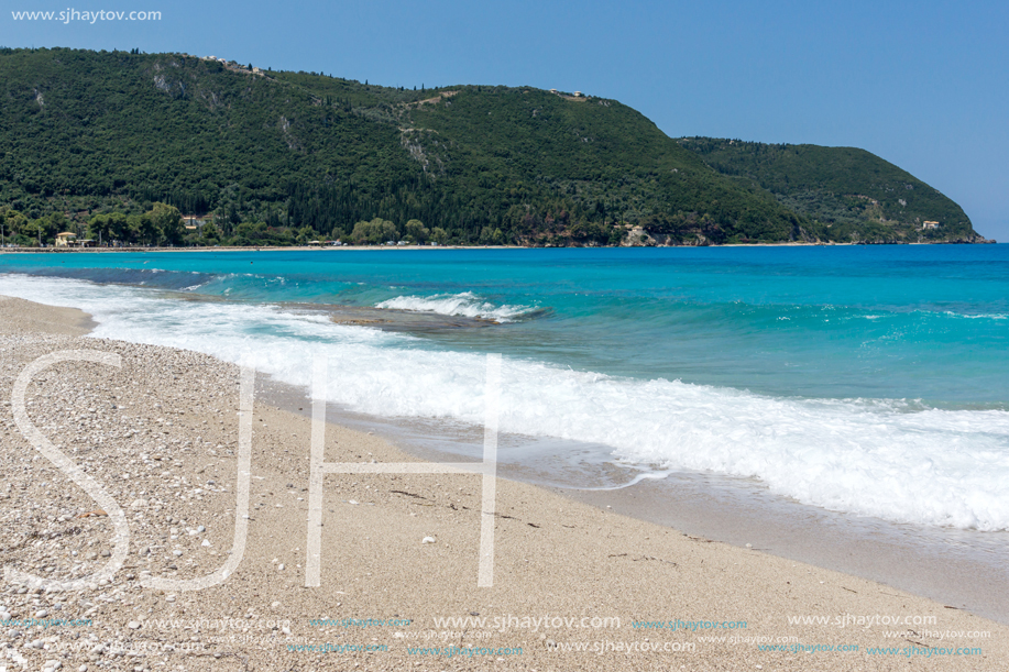 Panoramic view of Girapetra Beach with blue waters, Lefkada, Ionian Islands, Greece