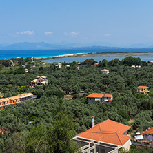 Panoramic view of Agios Ioanis beach with blue waters, Lefkada, Ionian Islands, Greece