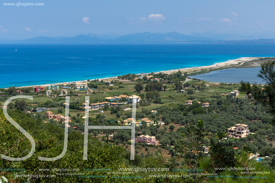 Panoramic view of Agios Ioanis beach with blue waters, Lefkada, Ionian Islands, Greece
