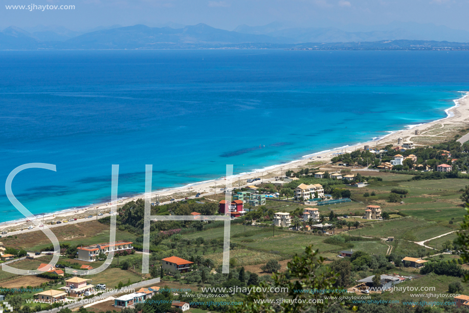 Panoramic view of Agios Ioanis beach with blue waters, Lefkada, Ionian Islands, Greece